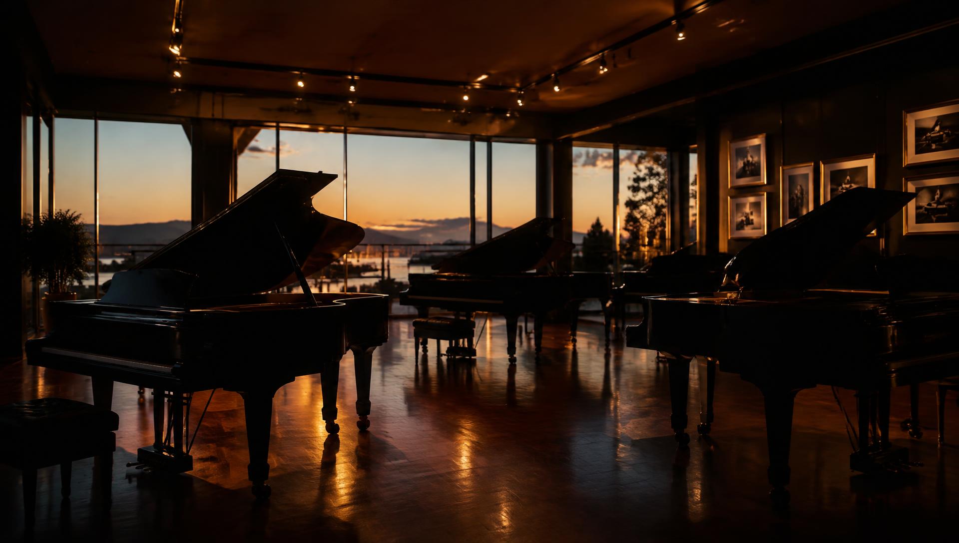 Showroom de pianos ao entardecer